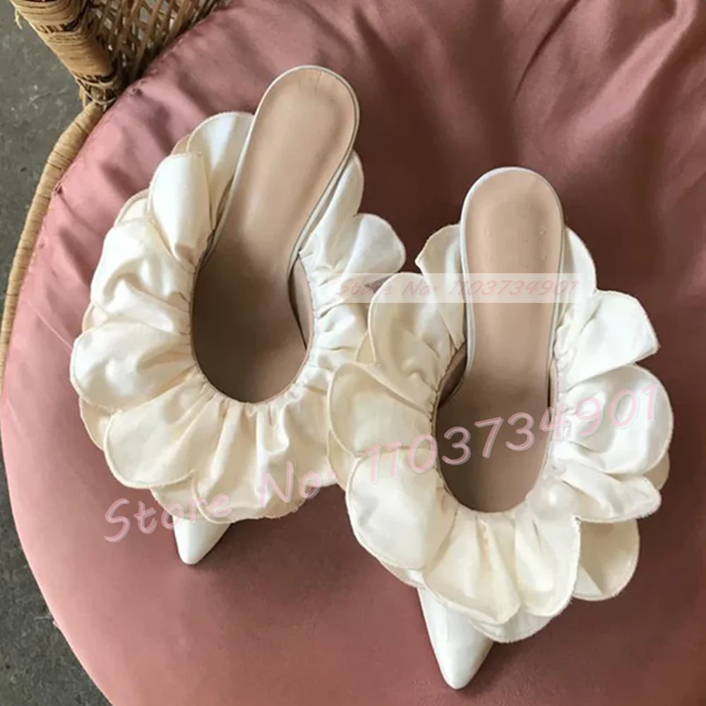 Women Shoes Zara - White Flower Satin Pointed Toe Slides