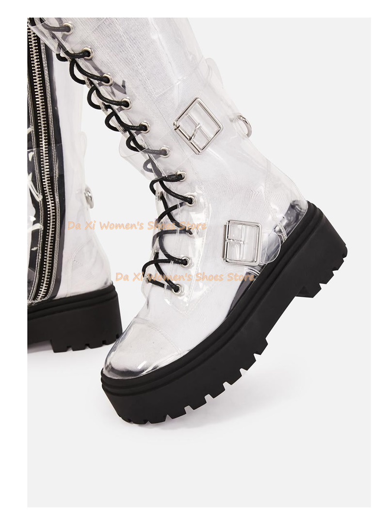 High Knee Heel Boots - Round Head Transparent Material Belt Buckle