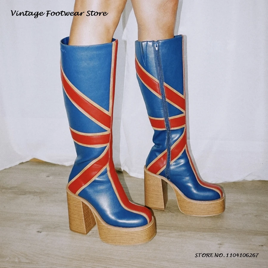 High Knee Heel Boots - Patchwork Leather Platfrom Knee Boots British
