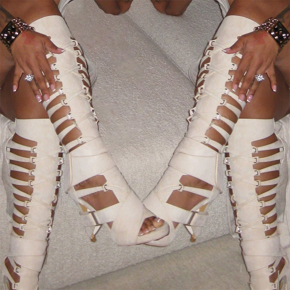 High Knee Heel Boots - Gladiator Hollow Belt Buckle Knee High