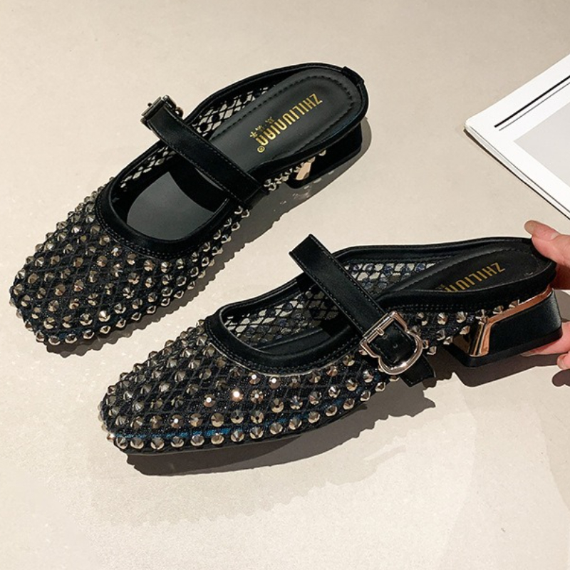 Women Shoes Mules - Mesh Rhinestone Chunky Heel Mules Slippers