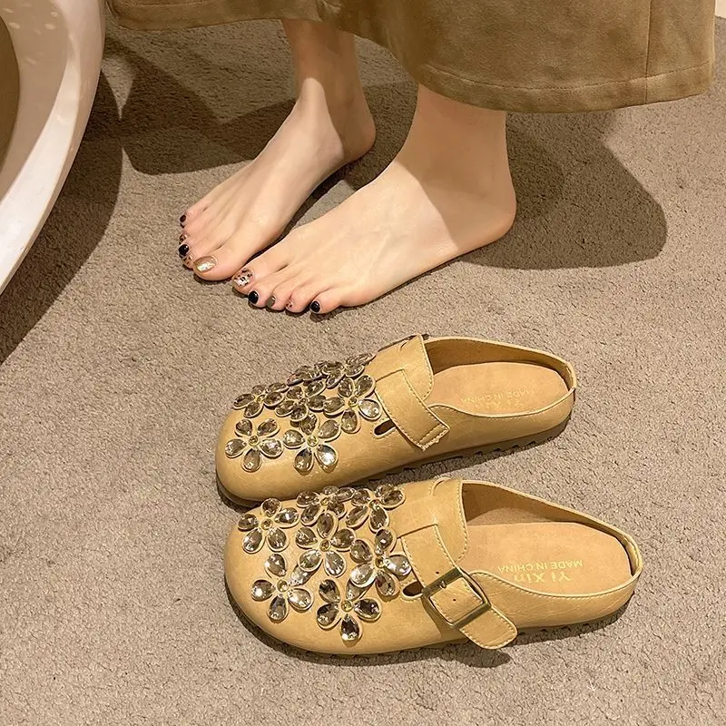 Women Shoes Mules - Women's Floral Rhinestone Buckle Strap Closed