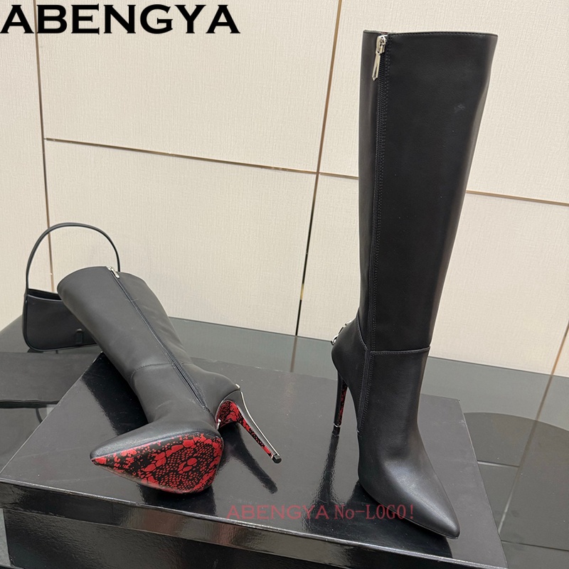 High Knee Heel Boots - Sexy Black Leather Knee High Boots