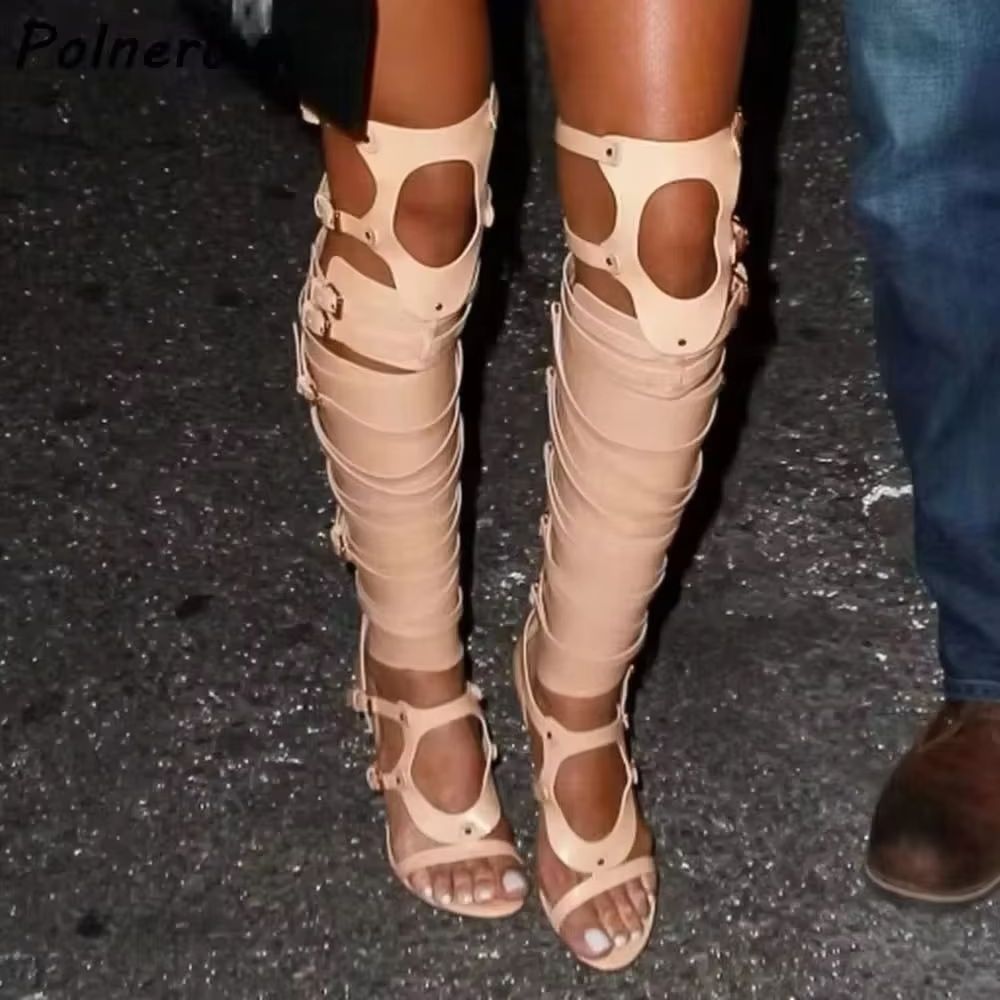 High Knee Heel Boots - Hollow Buckle Strap Sandals Boots Brown