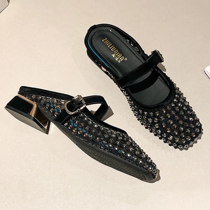 Mesh Rhinestone Chunky Heel Mu - огляд і ціна Women Shoes Mules