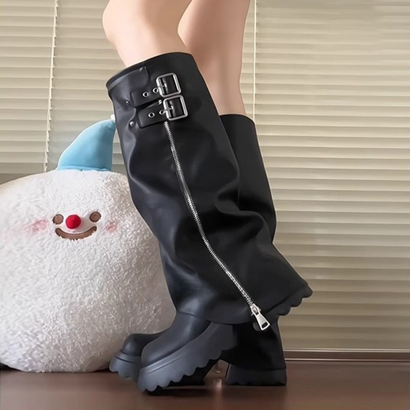 Punk Style Splicing Thick Bott - огляд і ціна High Knee Heel Boots
