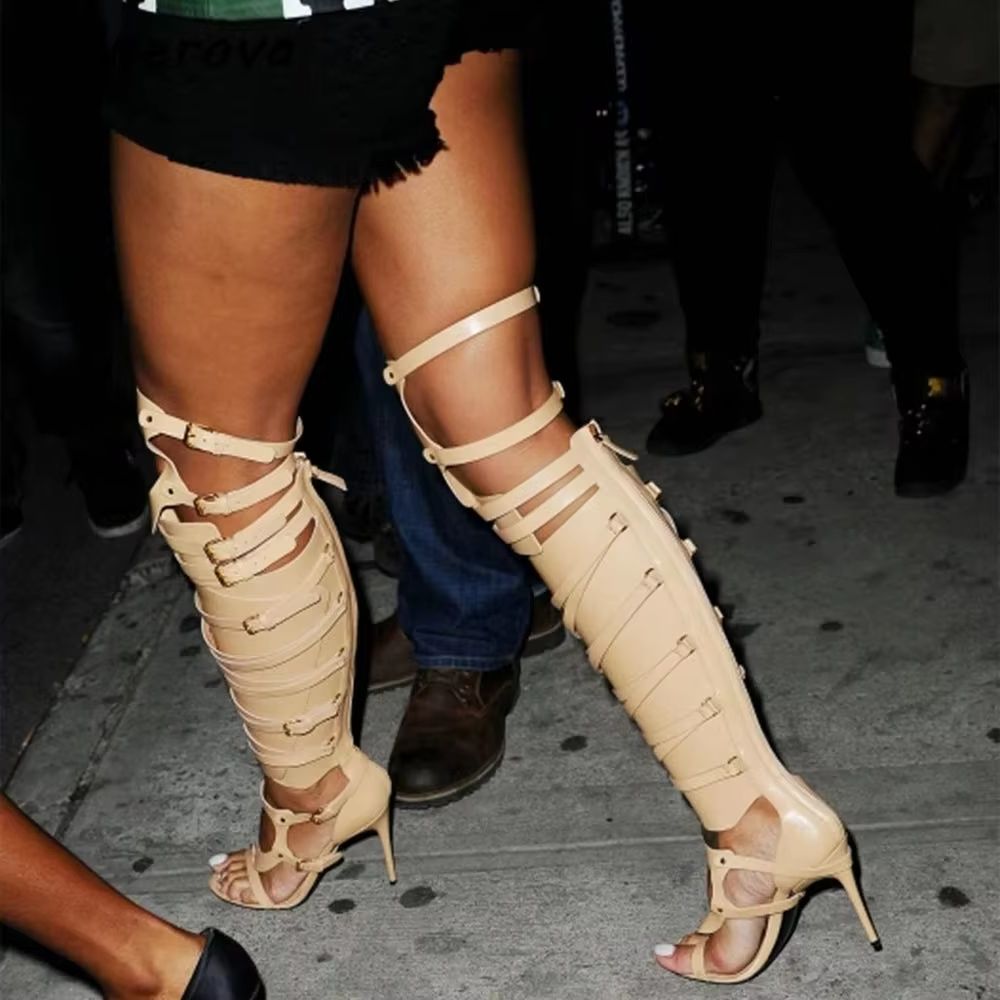 Hollow Buckle Strap Sandals Bo - огляд і ціна High Knee Heel Boots